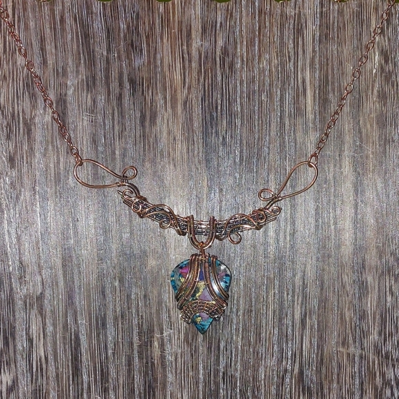 Oyster Turquoise Wire Wrapped Necklace - Picture 2 of 6